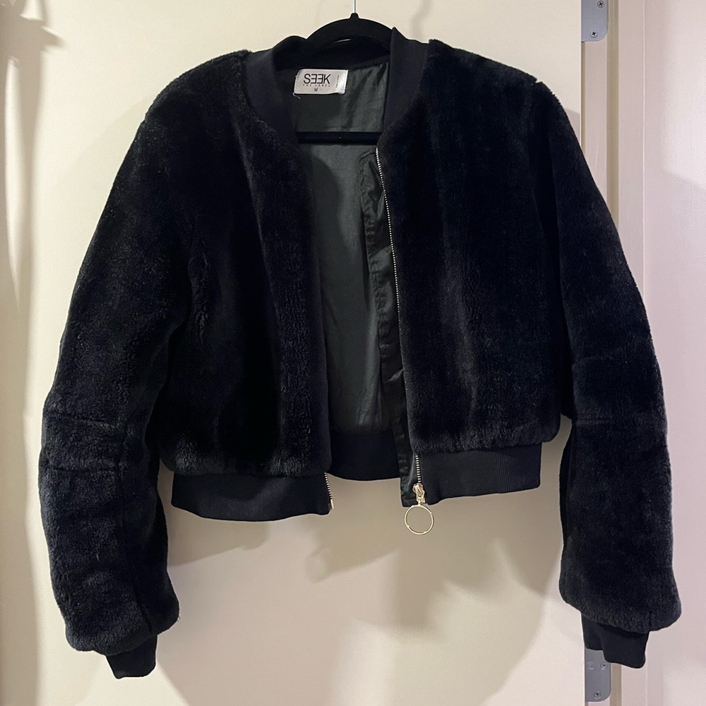 Black Fluffy Bomber Jacket
